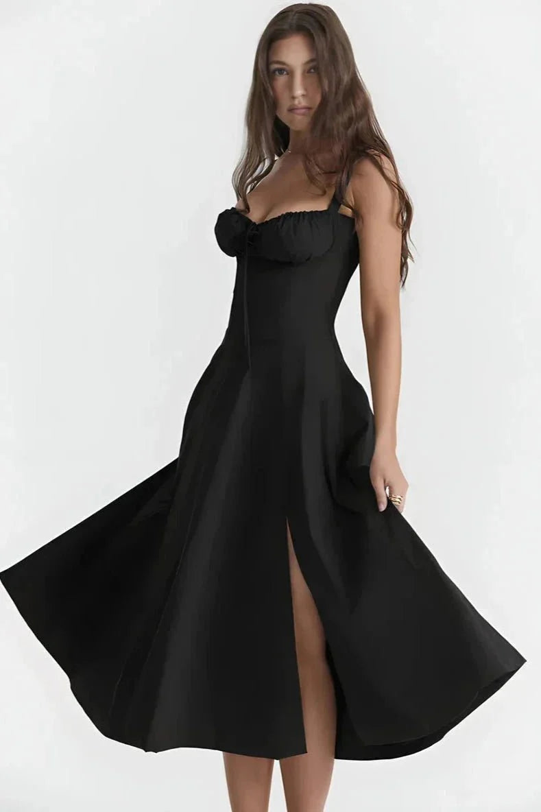 Linsay Floral Corset Midi Dress – Adjustable Straps & Side Slit