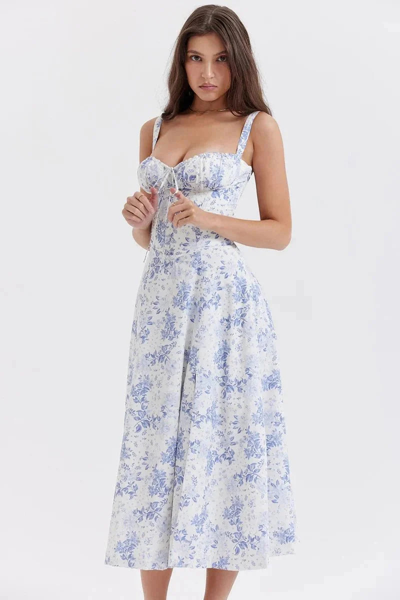 Linsay Floral Corset Midi Dress – Adjustable Straps & Side Slit