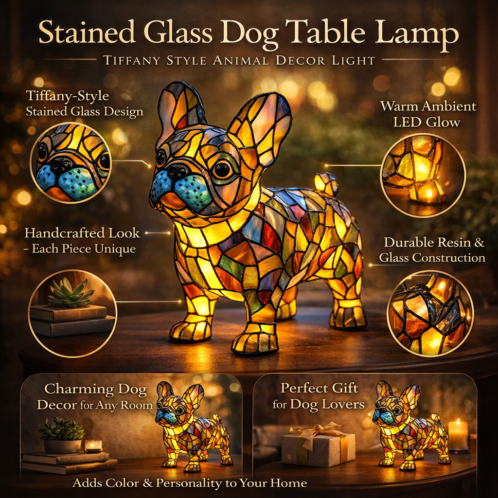 Table Lamp Stained Glass Dog Style Animal Decor Light