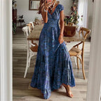 Boho Printed Long Dress with Short Sleeves and Fitted Waist