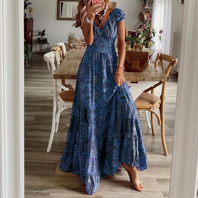 Boho Printed Long Dress with Short Sleeves and Fitted Waist