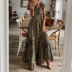 Boho Printed Long Dress with Short Sleeves and Fitted Waist