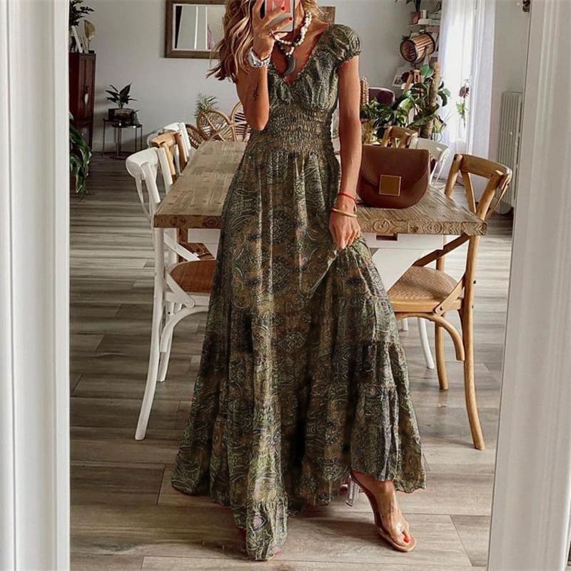 Boho Printed Long Dress with Short Sleeves and Fitted Waist