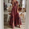 Boho Printed Long Dress with Short Sleeves and Fitted Waist
