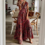 Boho Printed Long Dress with Short Sleeves and Fitted Waist