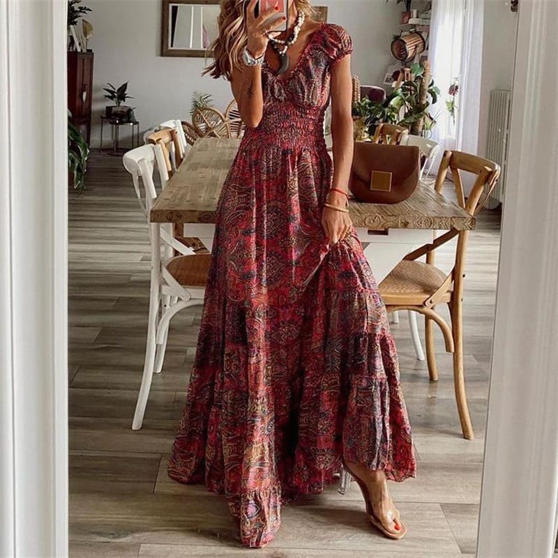 Boho Printed Long Dress with Short Sleeves and Fitted Waist