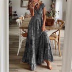 Boho Printed Long Dress with Short Sleeves and Fitted Waist