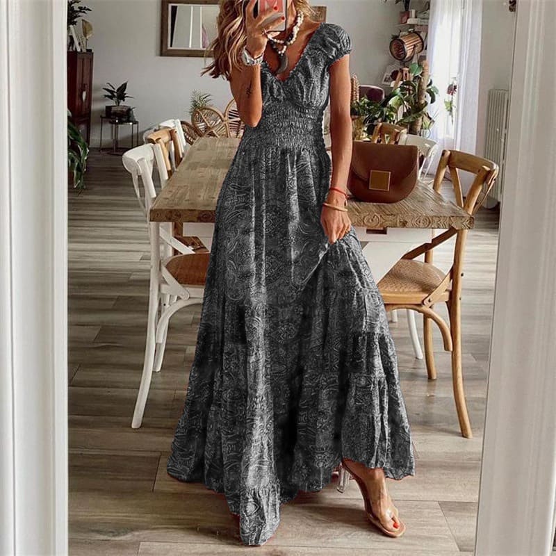 Boho Printed Long Dress with Short Sleeves and Fitted Waist