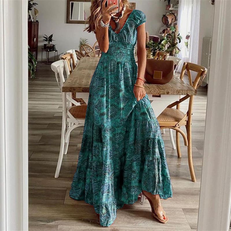 Boho Printed Long Dress with Short Sleeves and Fitted Waist