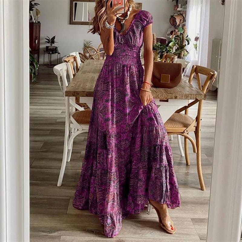Boho Printed Long Dress with Short Sleeves and Fitted Waist
