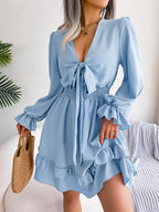 Solid Color V-Neck Lace-Up Dress