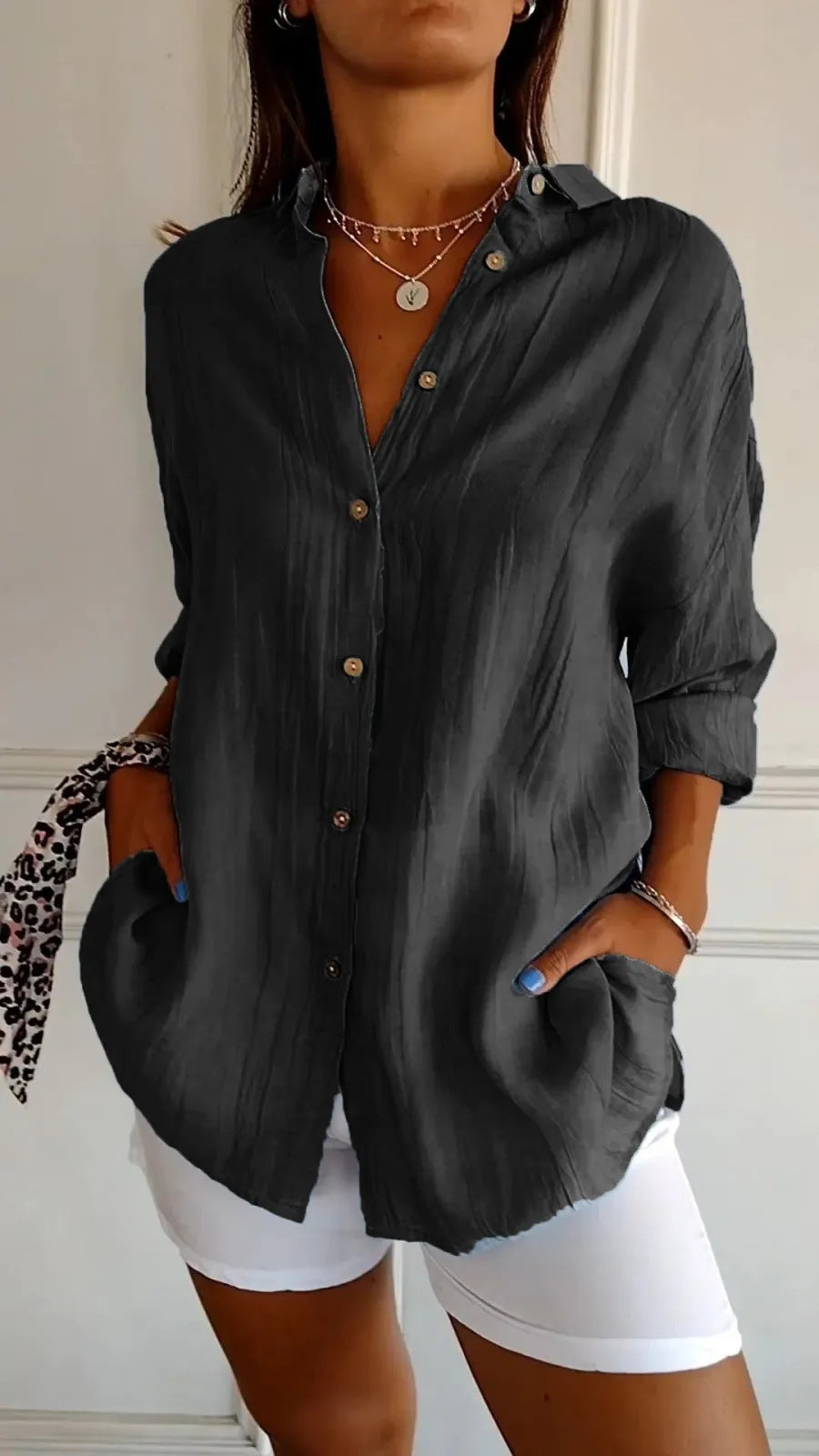 Casual Lapel Long Sleeve Pleated Shirt
