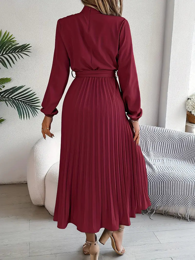 Women’s Long-Sleeve Pleated Midi Dress With Belted Waist