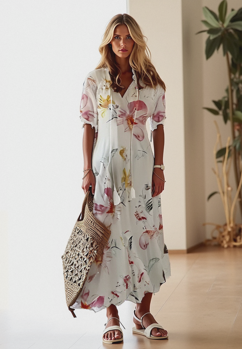 Bettina | Women's Short Sleeve V-Neck Bohemian Summer Maxi Dress