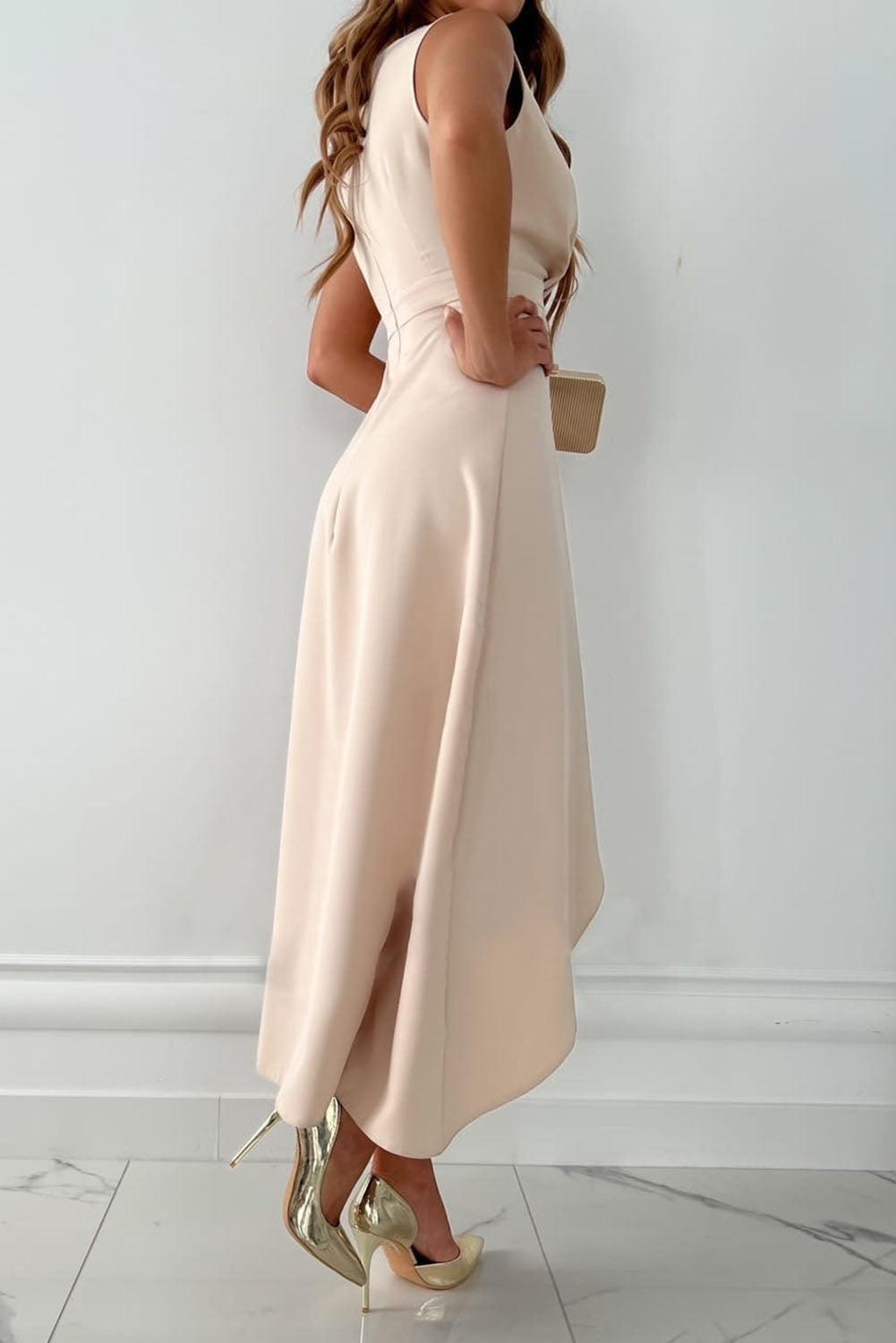 Women’s Sleeveless Wrap Long Dress With V-Neck And Asymmetrical Hem