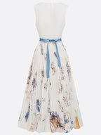 Women's Pleated Midi Ceremony Dress with Blue and White Floral Print – Jessie a