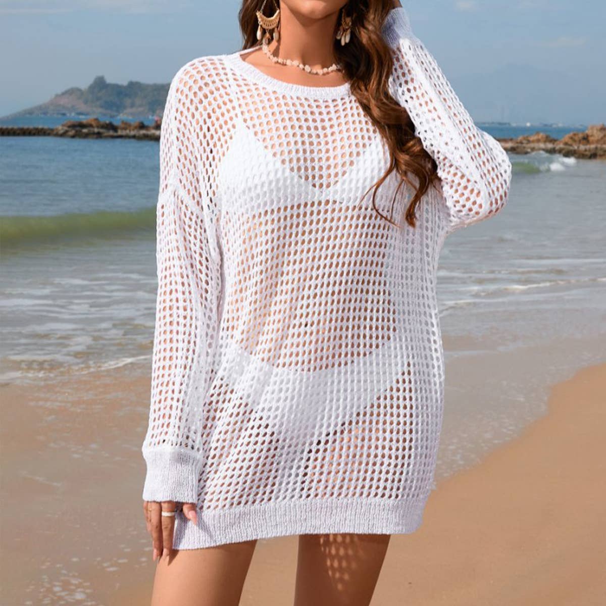 Women’s Mesh Knit Cover Up – Long Sleeve Beach Dress | Dripiume