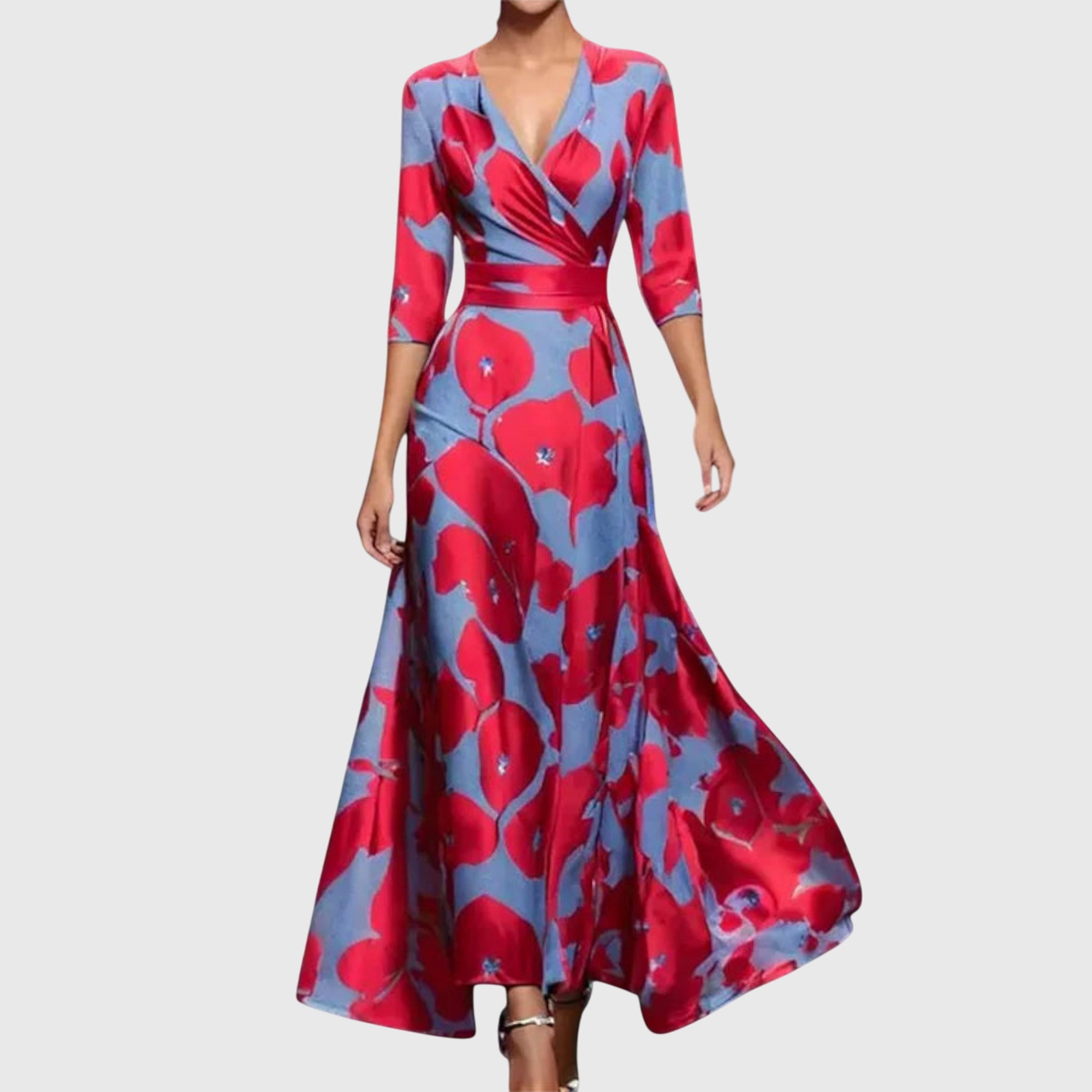 Leila Elegant Long Dress – Floral Print Wrap Style Flattering for Women