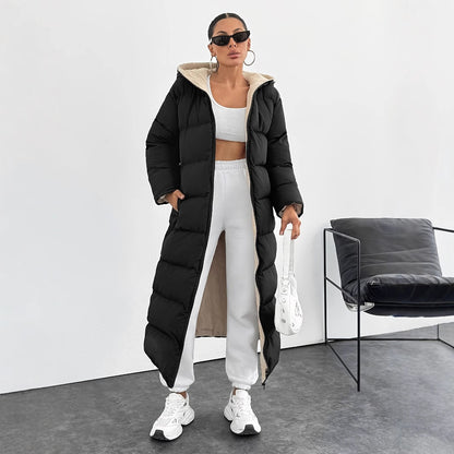 long puffer coat with a hood