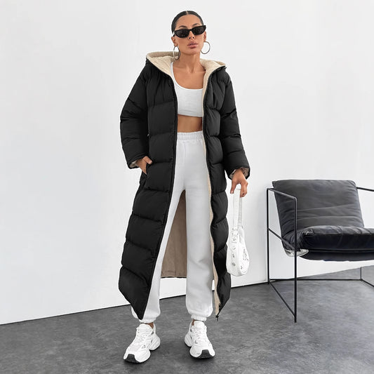 long puffer coat with a hood