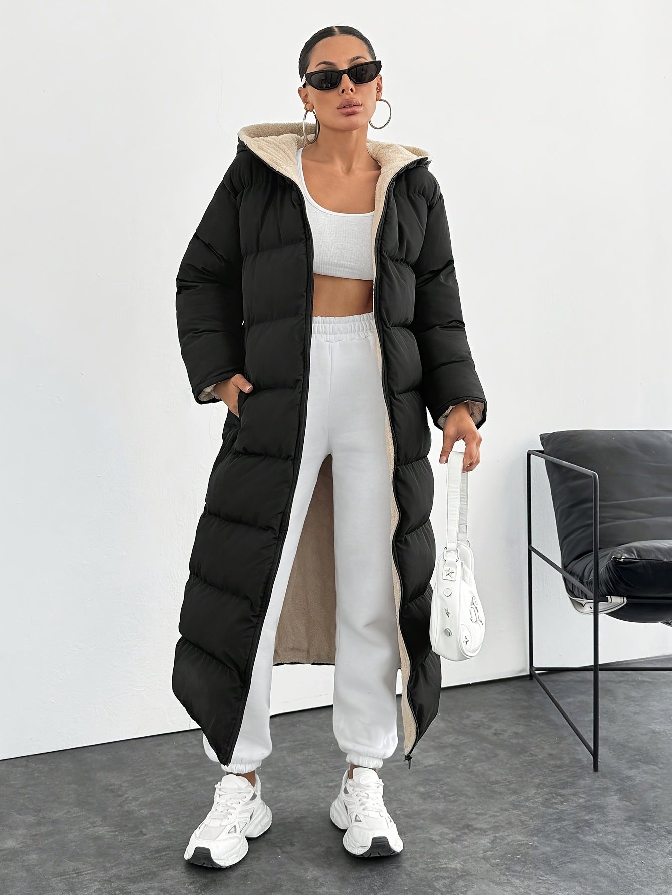 long puffer coat with a hood