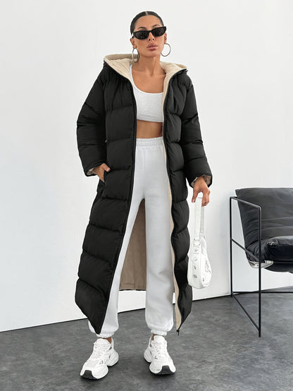 long puffer coat with a hood