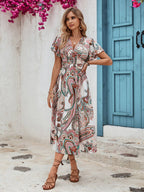 Women’s V-Neck Printed High-Waisted Midi Dress – Elegant Casual | Dripiume