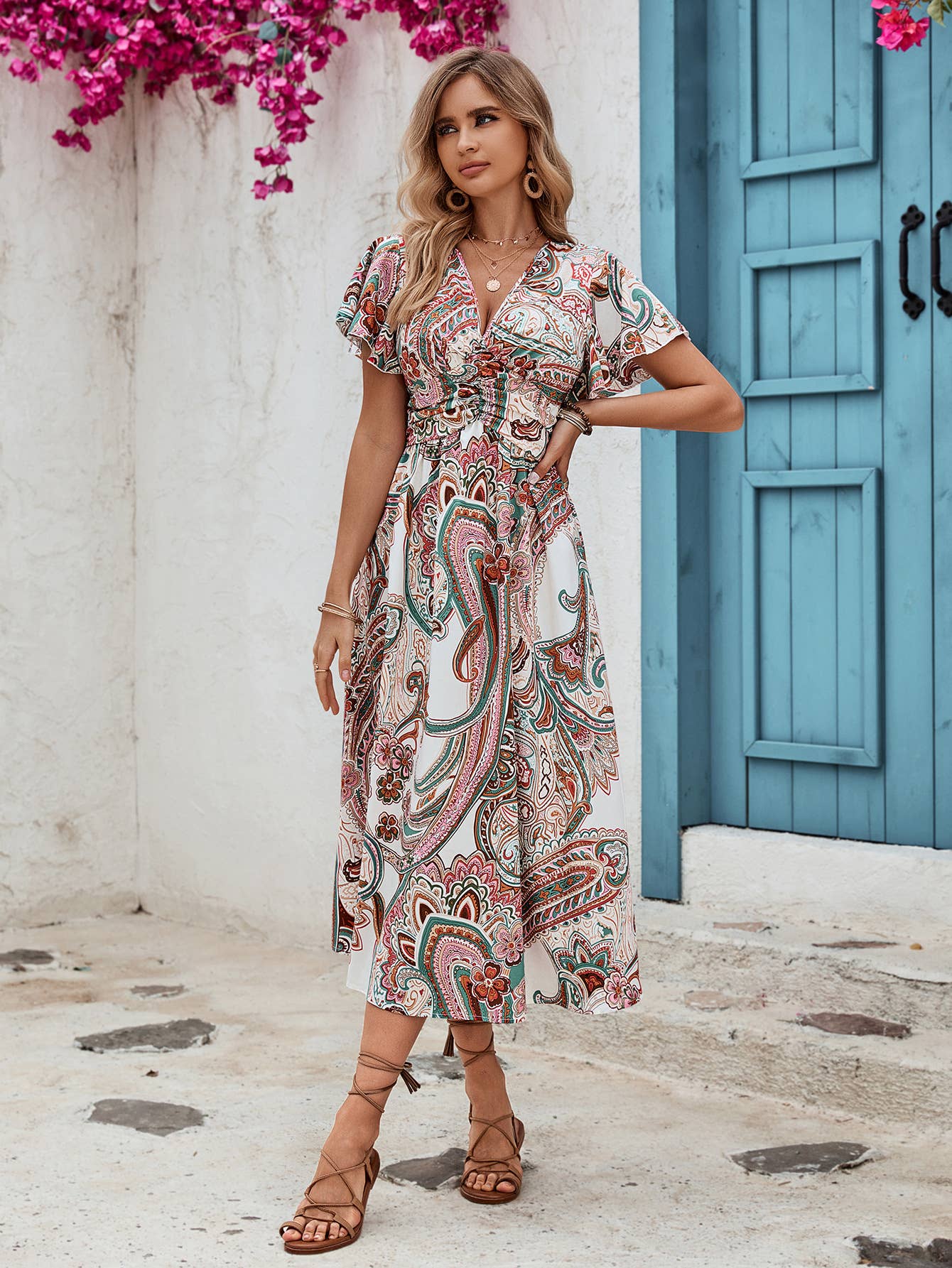 Women’s V-Neck Printed High-Waisted Midi Dress – Elegant Casual | Dripiume