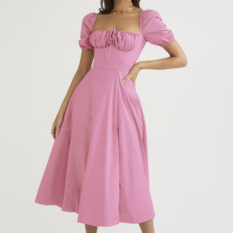 Puff Sleeve Lace-Up Midi Dress