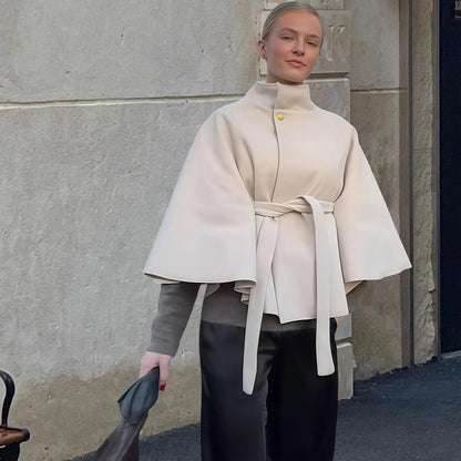 Elegant Belted Woolen Cape Jacket