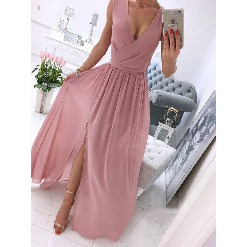 Elegant White V-Neck Maxi Dress with Front Slit