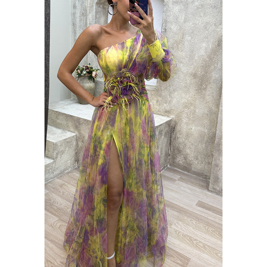 Elegant one-shoulder mesh summer dress