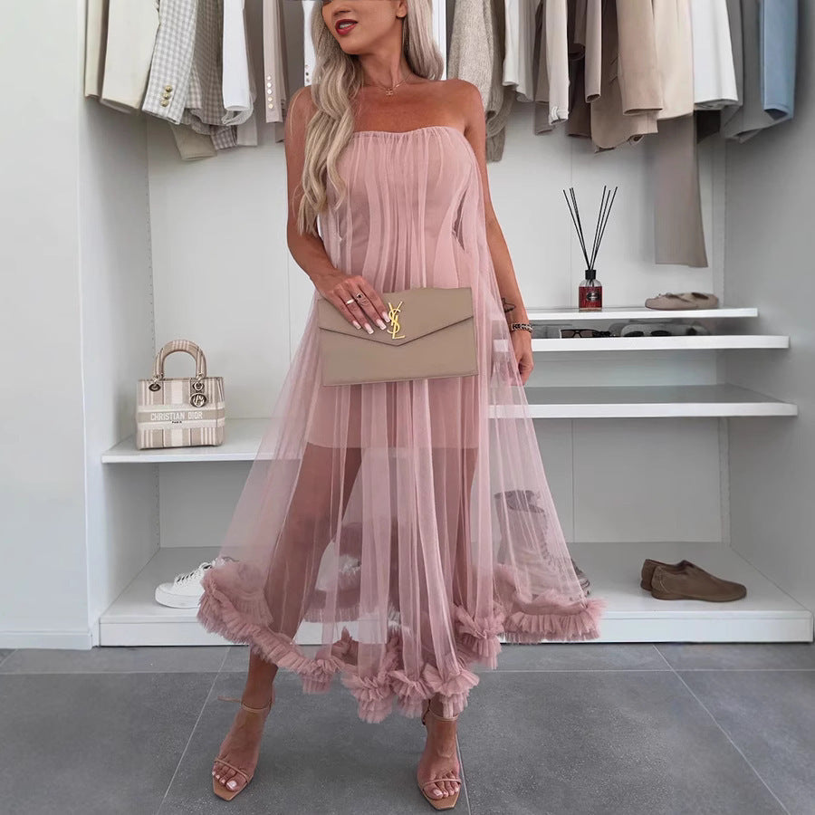 Strapless Mesh Overlay Midi Dress