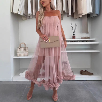 Strapless Mesh Overlay Midi Dress
