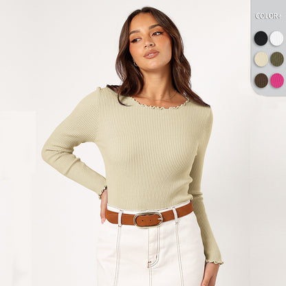 Ribbed Round Neck Slim-Fit Long Sleeve Top