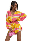 Women’s Printed V-Neck Long Sleeve Romper