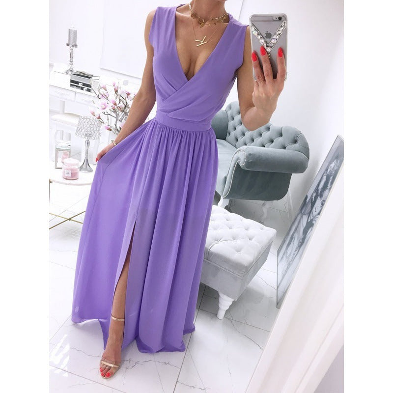 Elegant White V-Neck Maxi Dress with Front Slit