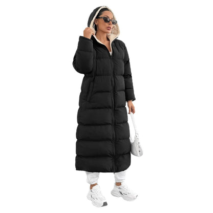 long puffer coat with a hood