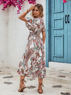 Women’s V-Neck Printed High-Waisted Midi Dress – Elegant Casual | Dripiume