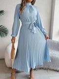 Women’s Long-Sleeve Pleated Midi Dress With Belted Waist