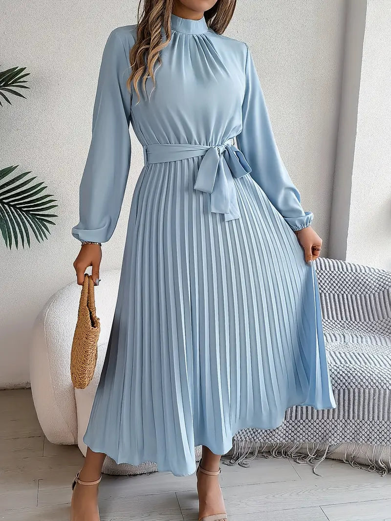 Women’s Long-Sleeve Pleated Midi Dress With Belted Waist