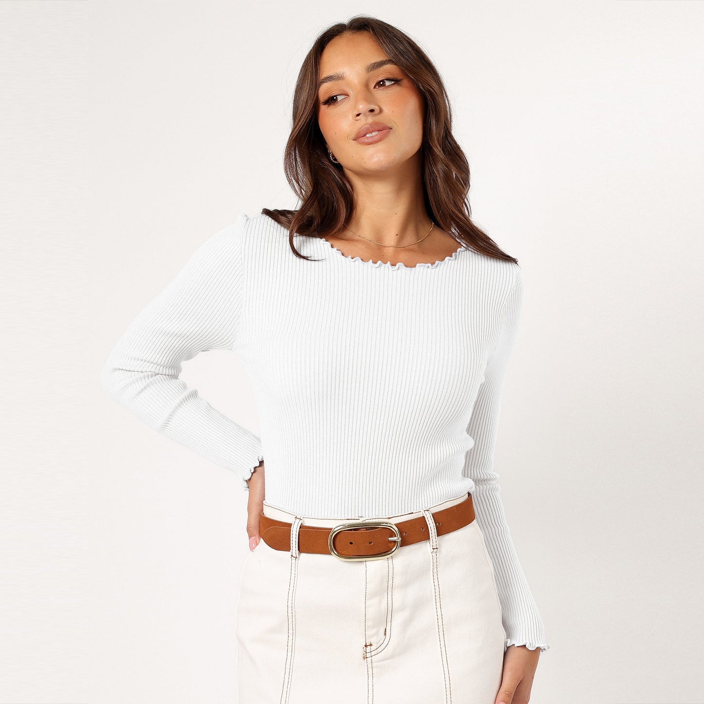 Ribbed Round Neck Slim-Fit Long Sleeve Top