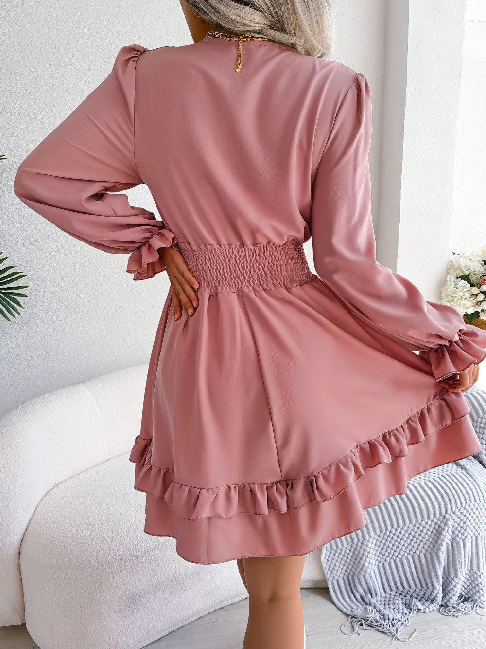Solid Color V-Neck Lace-Up Dress