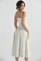 Women’s Floral Midi Dress – Corset Style Square Neck with Slit | Dripiume