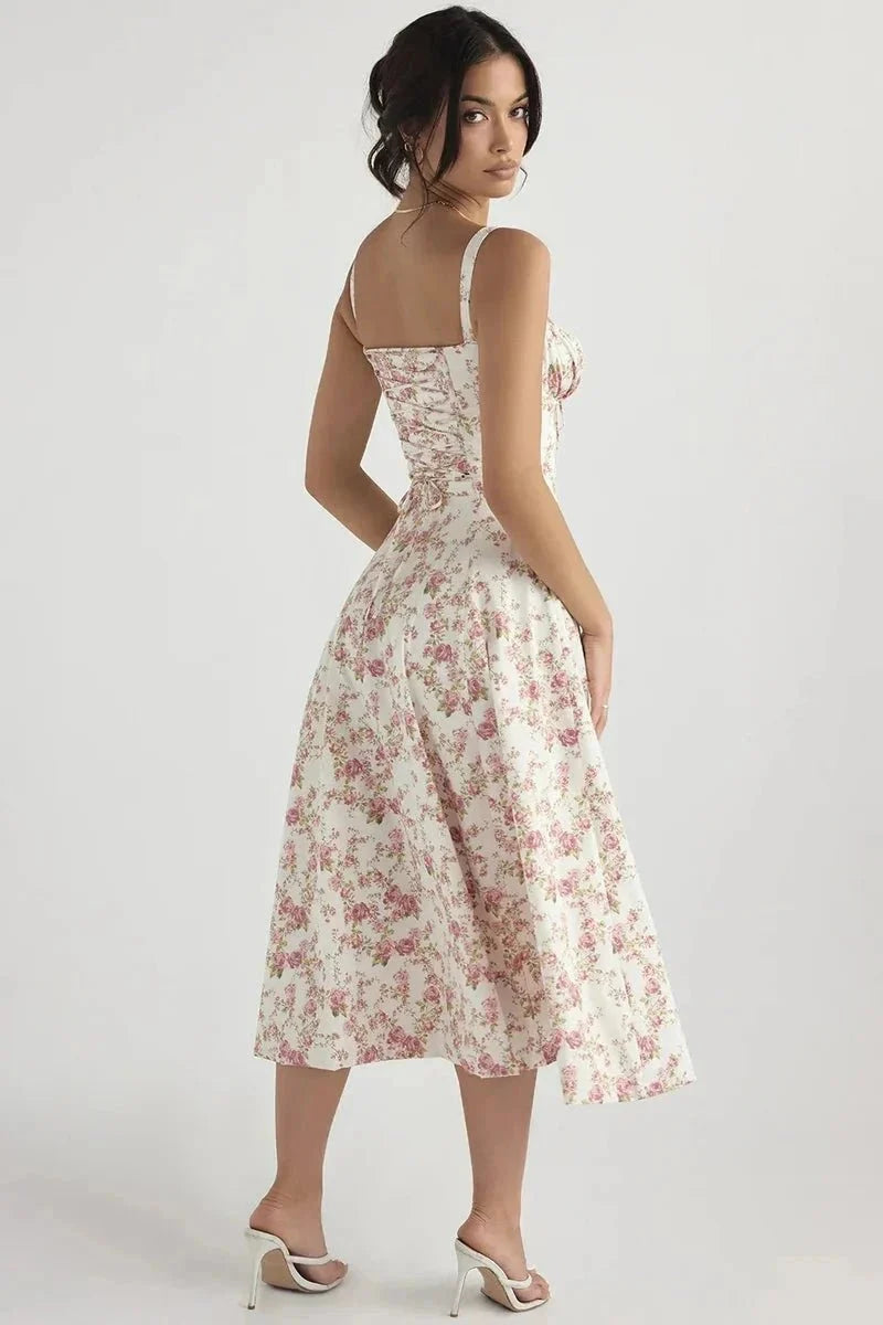 Linsay Floral Corset Midi Dress – Adjustable Straps & Side Slit