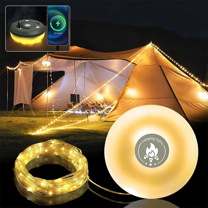 RGB Camping Lantern with 10m LED Light String Rechargeable Outdoor Tent Light