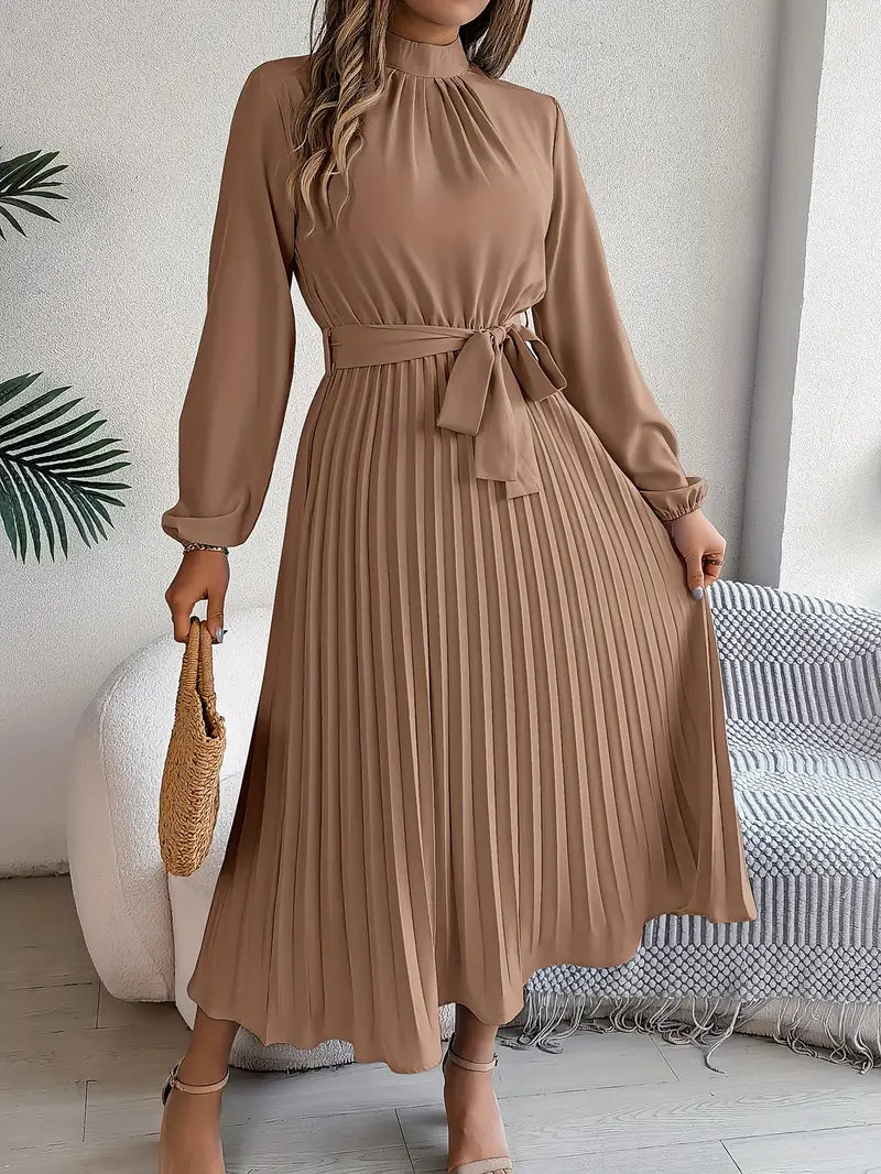 Women’s Long-Sleeve Pleated Midi Dress With Belted Waist