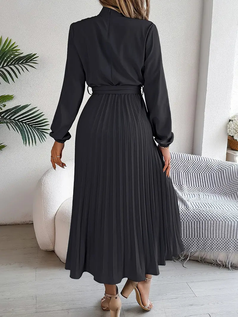 Women’s Long-Sleeve Pleated Midi Dress With Belted Waist