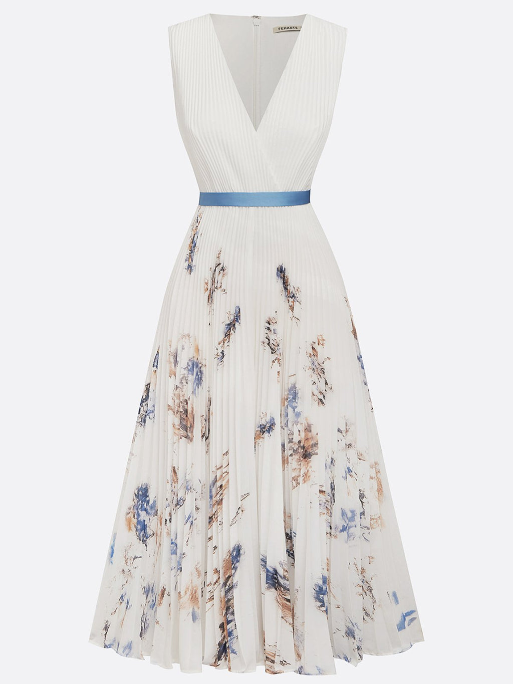 Women's Pleated Midi Ceremony Dress with Blue and White Floral Print – Jessie a