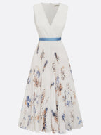 Women's Pleated Midi Ceremony Dress with Blue and White Floral Print – Jessie a